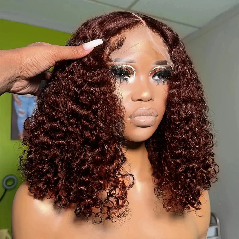 Brown Deep Wave Short Bob Wig Human Hair 13x4 Lace Frontal Human Hair Wigs Curly Bob Wig Pre Plucked 200 Density For Black Women