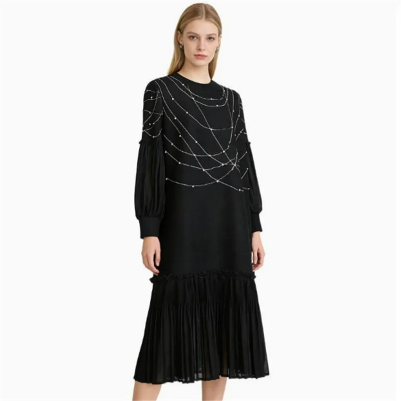 Miyake pleats, women's clothing, printed beads, O-neck lantern sleeves, loose, ruffles, dress, elegant, fashionable, 2026 new view 5