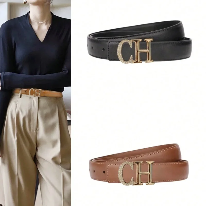 

Новый ремень с пряжкой из стразов CH 2026 года для женщин, из натуральной кожи, регулируемый, элегантный, повседневный, модный, в подарок