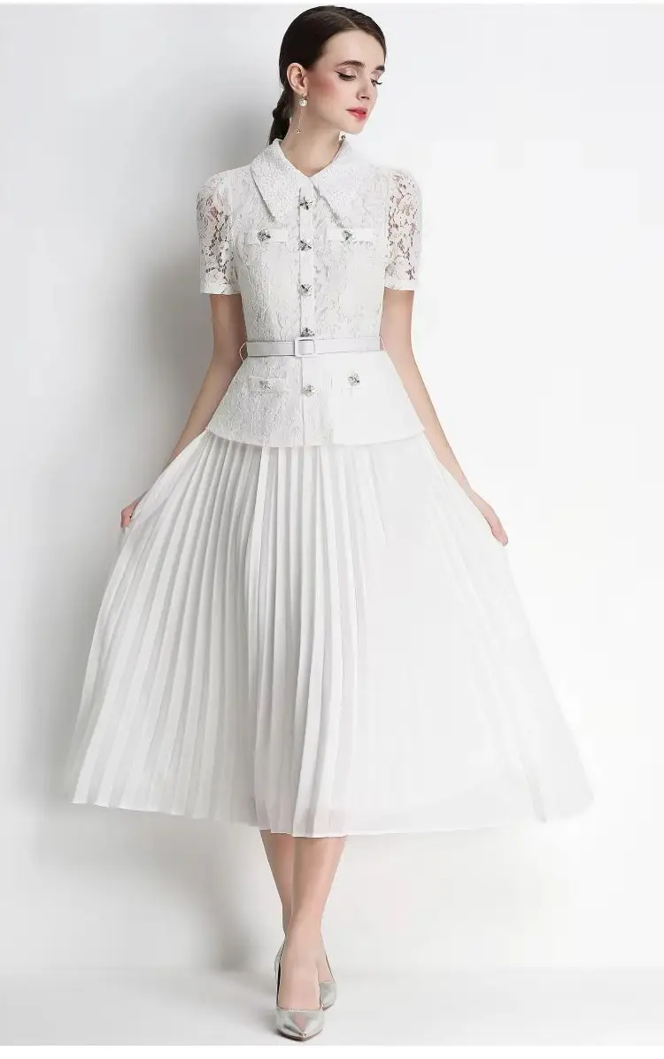 

Summer Embroidery Lace Chiffon Long Dress for Women with Hollow out Short Sleeve Belt And Pleated Design Formal Evening Party Ve