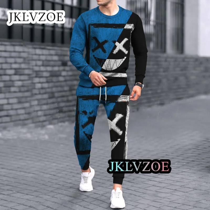 2023 Nieuwe Mode Heren Kleding Jogging Trainingspak Sportkleding Lange Mouw Smile 3d Print Streetwear Outfit 2-delige T-Shirt Sets