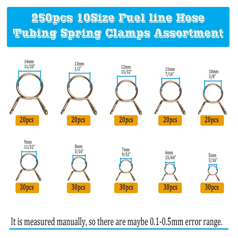 250pcs 5-14mm Spring Hose Clips Set Fuel Line Water Pipe Air Tube Clamps Kit For Motorcycle Scooter ATV Fuel Line Hose Tubing