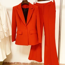 TOP QUALITY Newest Fashion 2024 Designer Set Office Attire Women Single Button Red Blazer Flare Pants Suit