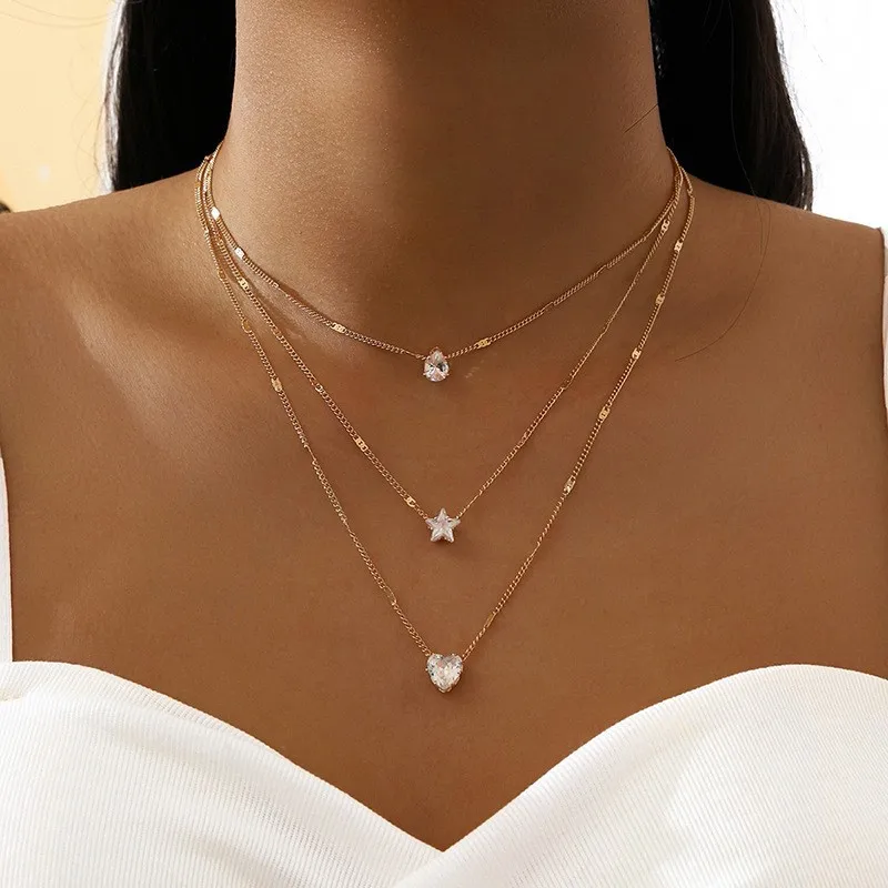 Vintage Crystal Heart Star Layered Pendant Necklace for Women Charm Water Drop Moon Choker Chain Wedding Party Jewelry Gift