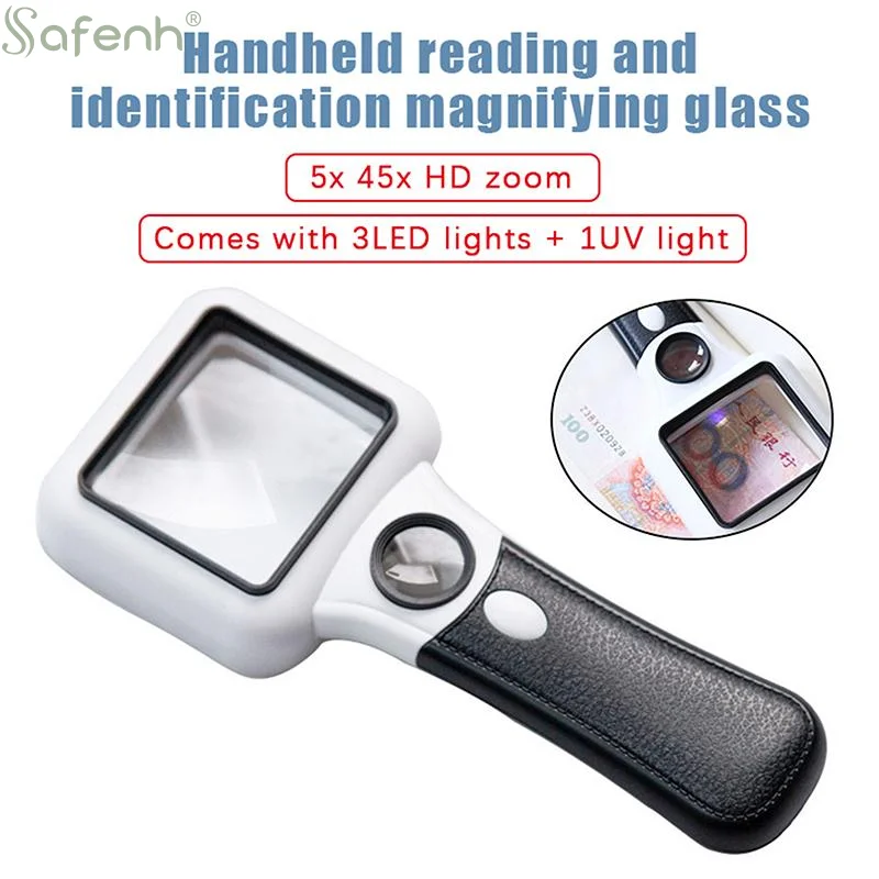 

Handheld Reading Magnifier 5x 45x Illuminated Magnifying Glass With LED Lights UV Lamp Jewelry Loupe Glass For Repair Soldering