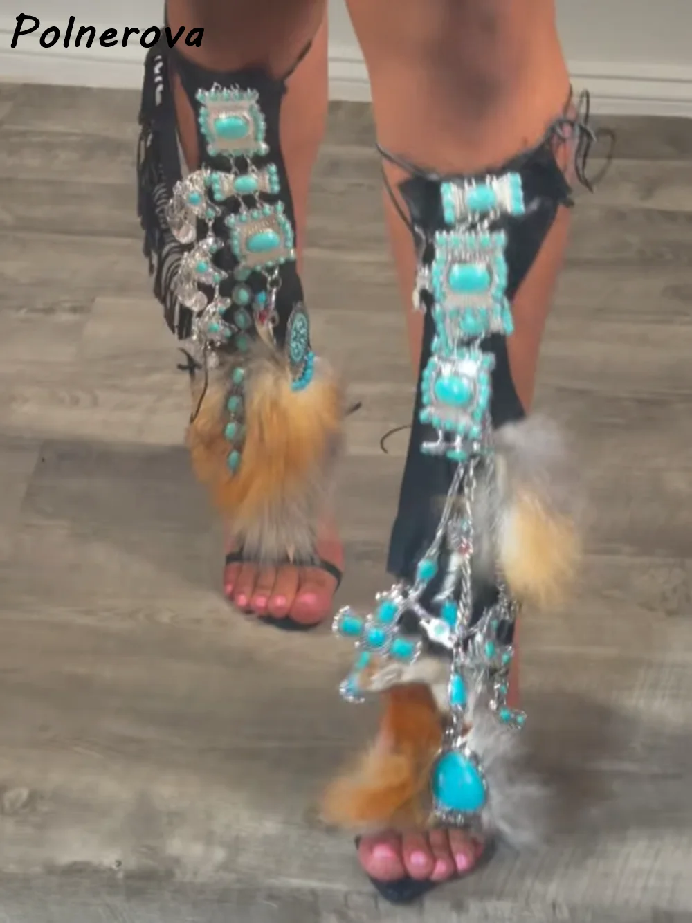 Bohemian Turquoise Fur Embellished Sandals Boots Black Leather Native American Style Shoes Festival Statement Summer Shoes