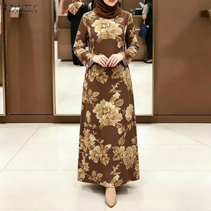 

ZANZEA Muslim Womens Floral Print Maxi Dress Hijabs O-Neck Long Sleeve Loose Abaya Robes Islamic Modest Fashion Eid Kaftan
