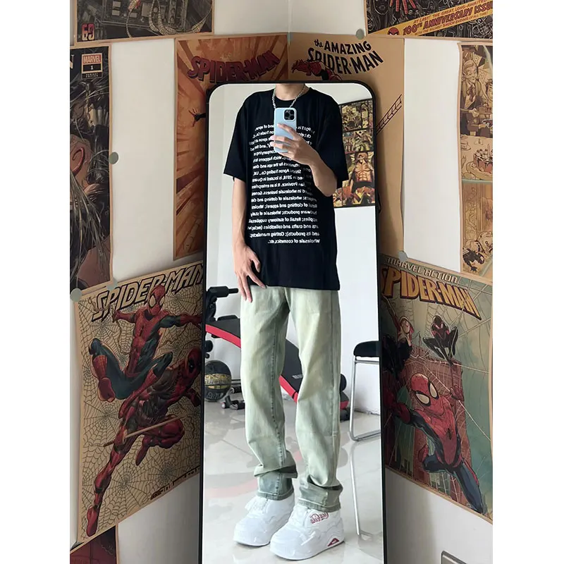 

Yellow Mud Color Slim Fit Elastic Denim Jeans Men's Sle American High Street Retro Wa Straight Leg Pants Cleanfit