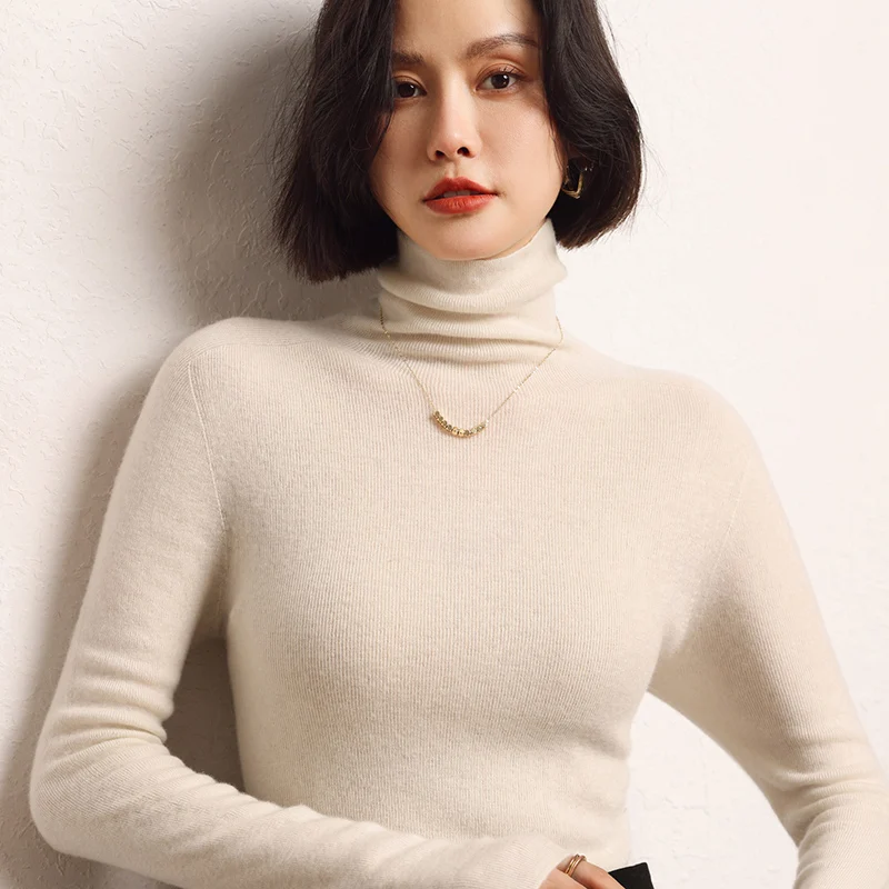 Winter 100% Cashmere Knit Soft Fine Yarn Turtleneck Pullover Sweater Fashion Comfortable Bottom Shirt High elasticity Women Top