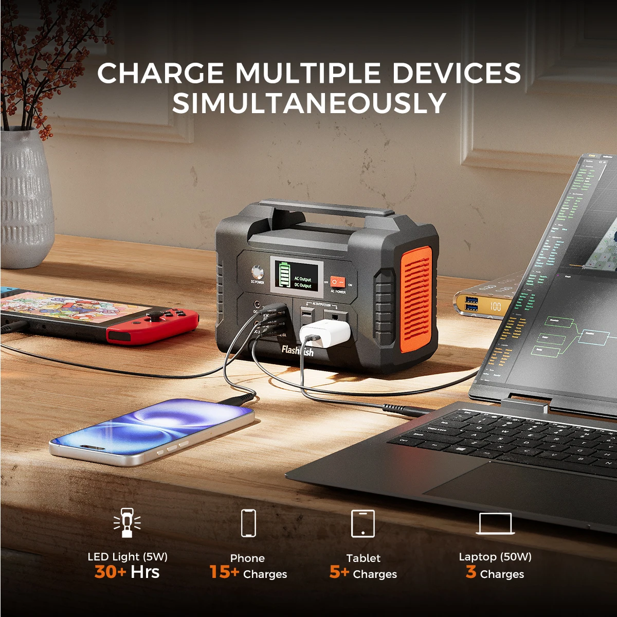 

FF Flashfish 200W Solar Generator for RV 151Wh Portable Power Station with 110V AC Outlet 2 DC 3 USB Port Backup Battery Trailer