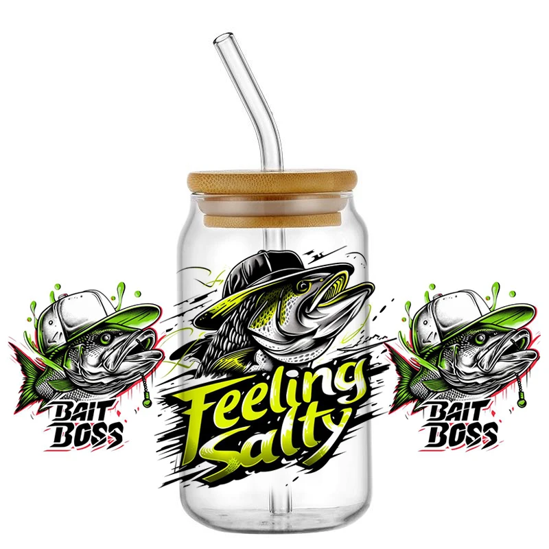 Fishing Theme Pattern Design 3D Decal UV DTF Cup Wrap Transfer Stickers Custom Label DIY Waterproof Logo for Libbey Glass Can