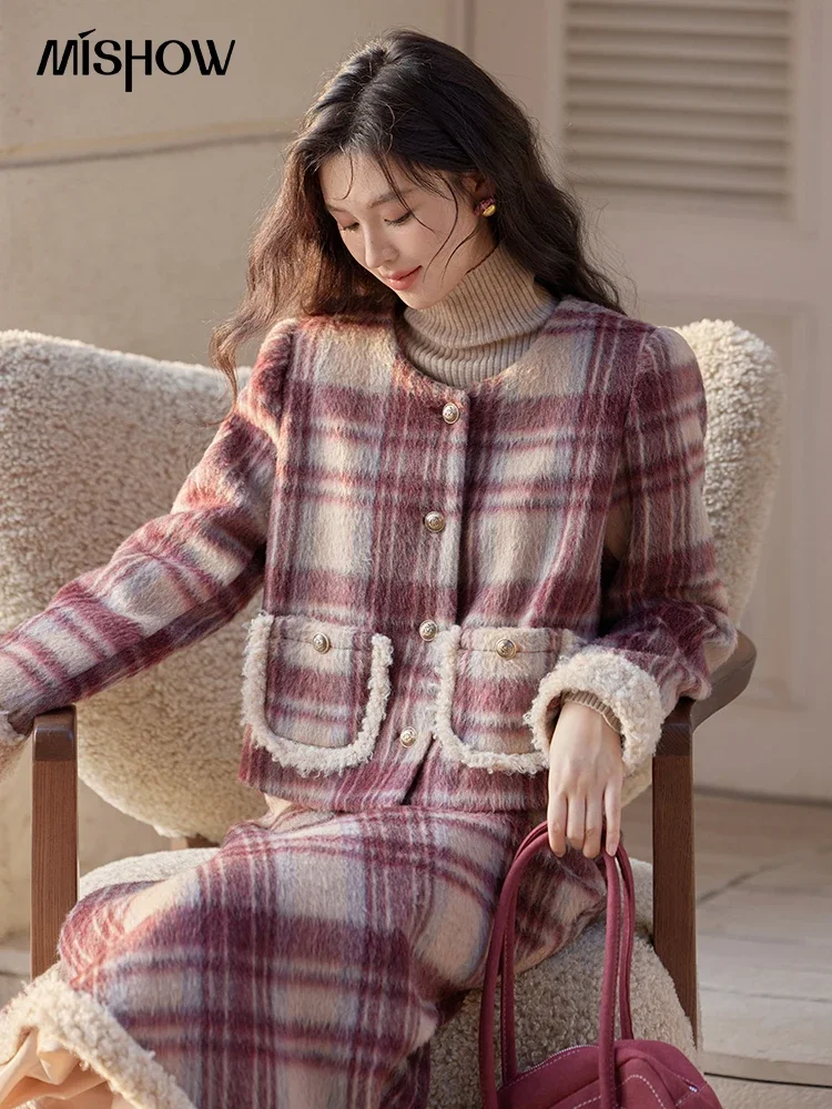 

MISHOW Plaid Tweed Jacket Midi Skirt Separately Women 2024 Winter Korean Gentle Thick O-Neck Jacket Straight Skirt MXD54W0562