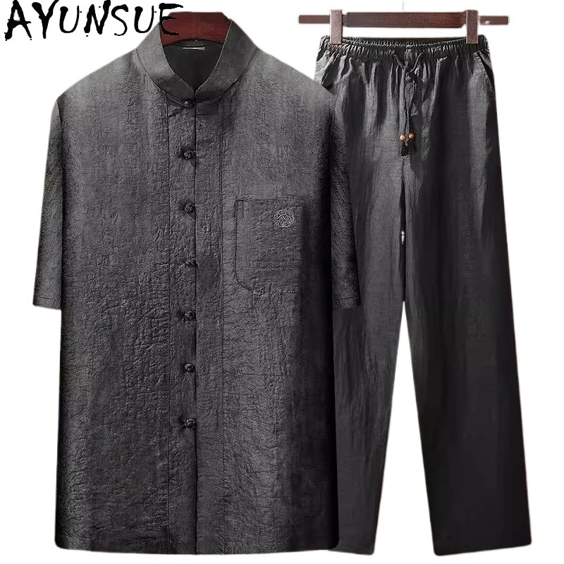 

AYUNSUE 100% Real Mulberry Silk Shirts for Men Luxury 2026 Summer Watered Gauze Black Pants 2 Piece Set Outfits Man Clothing