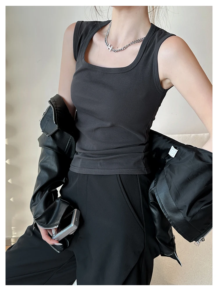 Solides ärmelloses Tanktop für Damen, Sommer-Basic-Top mit dehnbarem, quadratischem Ausschnitt, sexy schulterfreies Top – Detail 5