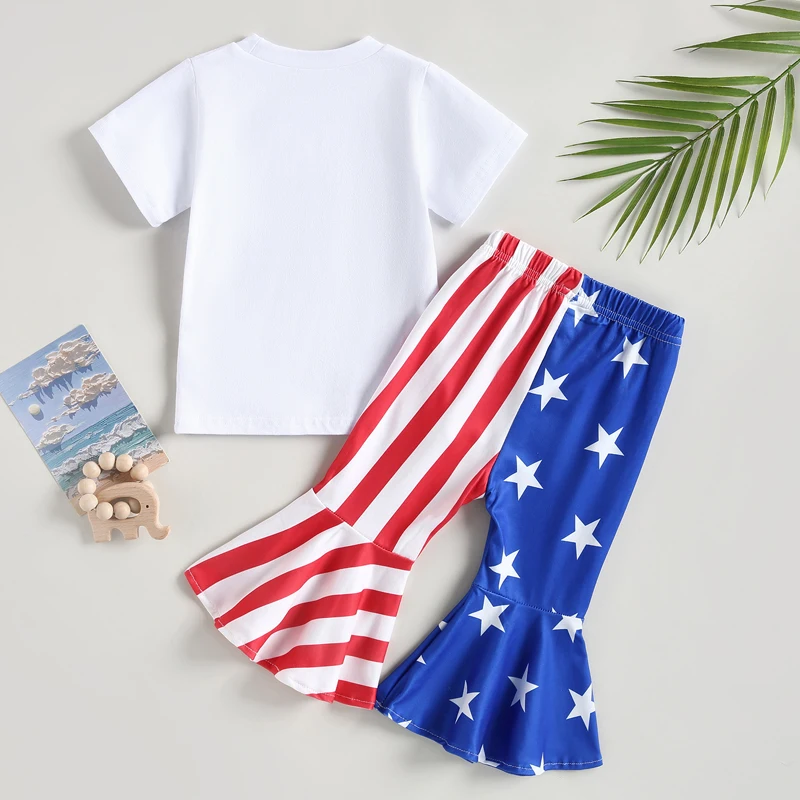 

4th of July Toddler Girls Clothing Set Patriotic American Flag Print Short Sleeve T-shirt and Star Stripe Flare Pants Outfit