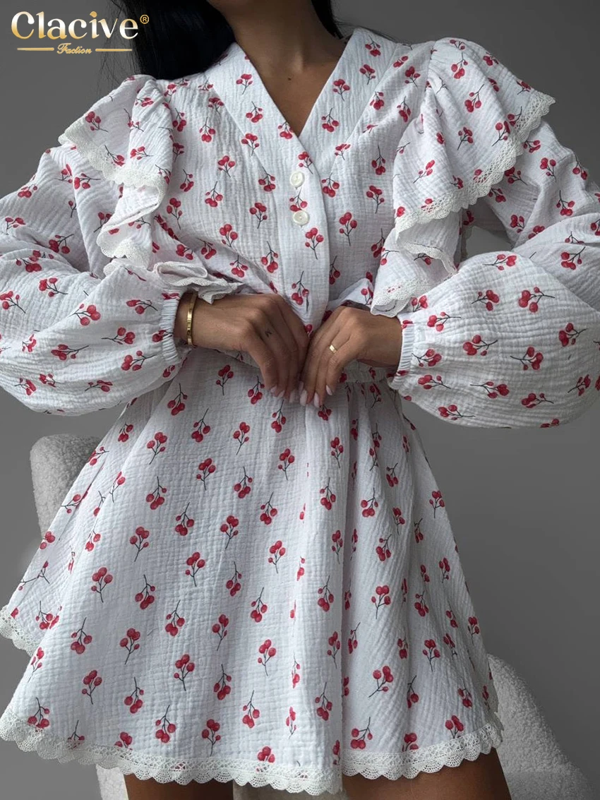 Clacive Fashion Loose Print Cotton Woman 2 Piece Set Outfit 2025 Elegant Long Sleeve Shirt With High Waist Mini Skirt Set Female image 2