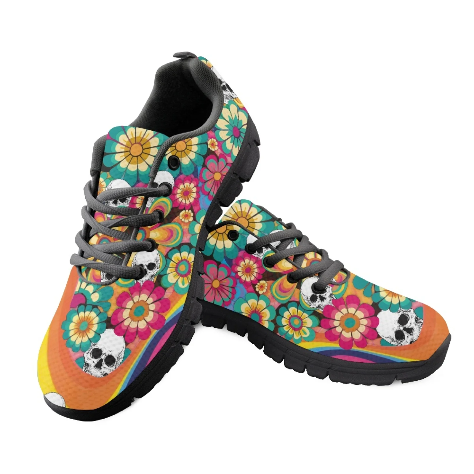 Coloranimal Retro Floral Skull Women Comfortable Shoes for Teachers Standing All Day Cushion Womens Sneakers Athletic Shoes
