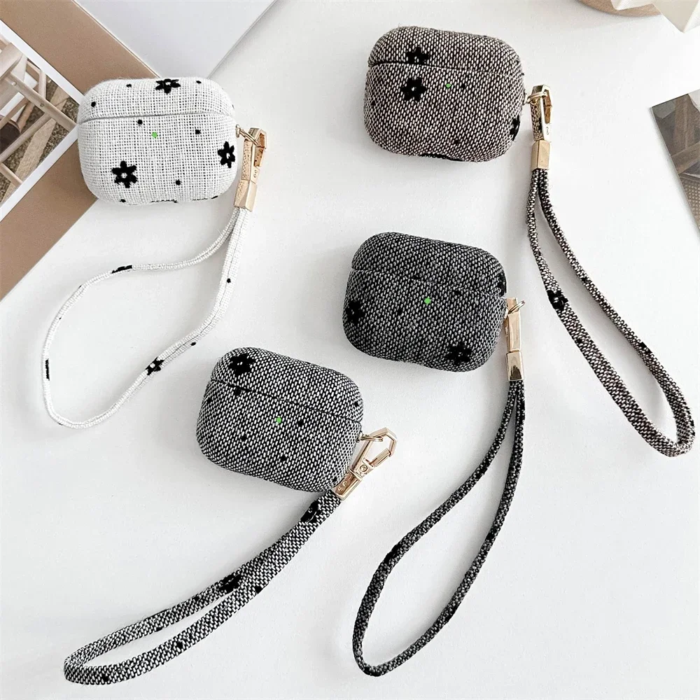 Luxury Little Flower Earphone Case For Airpods 4 Pro 2 With Wristband Soft Cute Cloth Pattern Protective Cover For Airpods 1 2 3