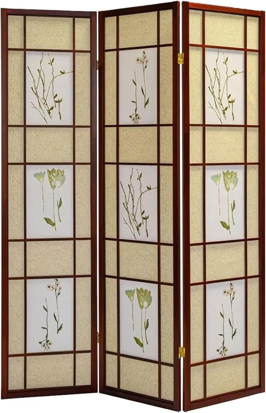 Room Divider Screen 71-in Tall 4-Panel Cherry Botanical Print | Freestanding Folding Privacy Screen, Pine Wood Indoor Room Parti