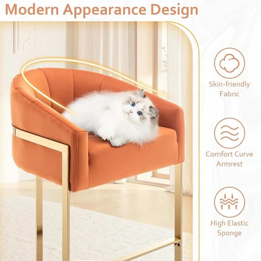 مقاعد بارتفاع مضادة مخملية ذهبية فاخرة (قطعتان) - مقاعد أسطوانية حديثة بارتفاع 27 بوصة مع ظهر مريح #3