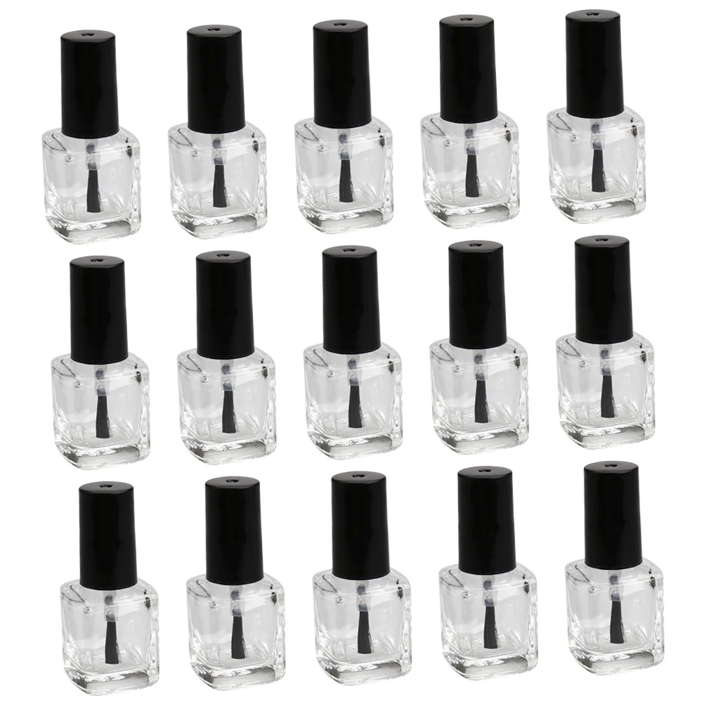 15Pcs Nail Polish Bottle Transparent Glass with Brush Black Cap for DIY Empty Container Reusable Chic Liquid Packaging