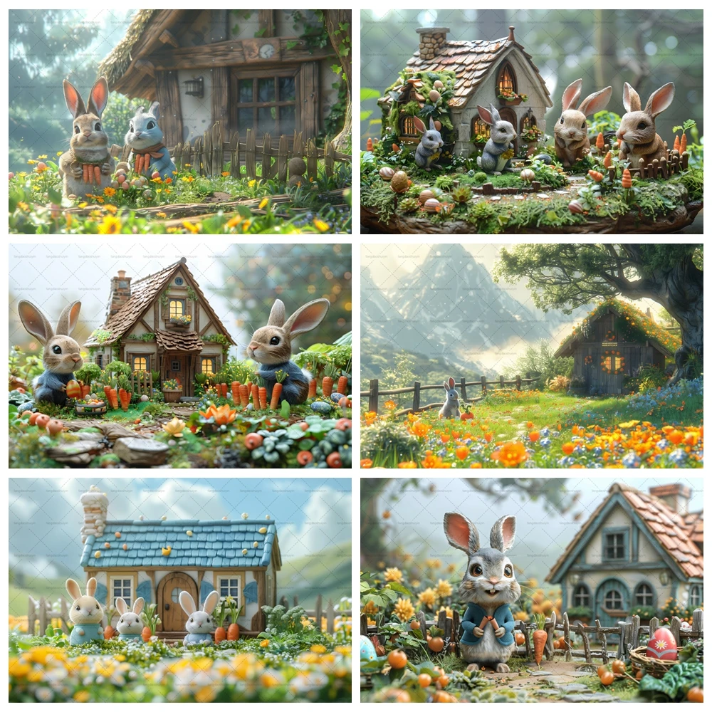 

Spring Easter Background Photography Cartoon Rabbit Carrot Manor Log Cabin Backdrop Decor Kids Birthday Cake Smash Photo Studio