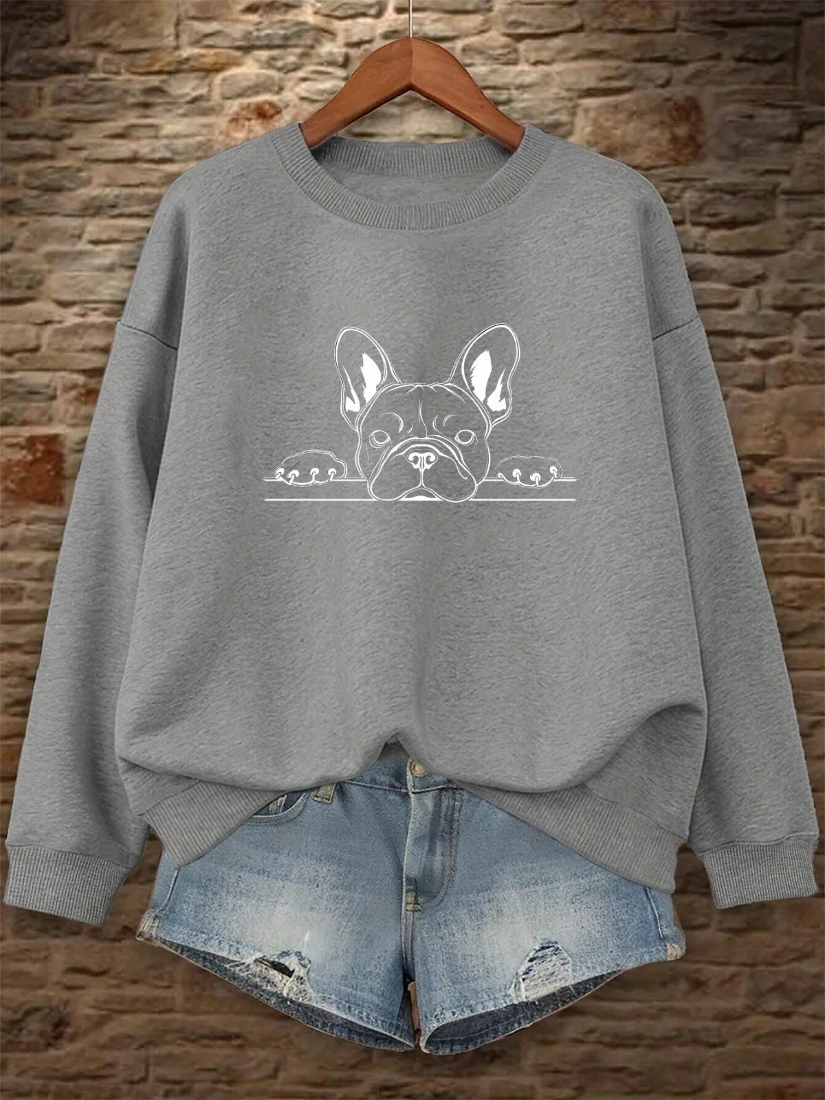 เสื้อสเวตเชิ้ตคอกลมพิมพ์ลายเฟรนช์บูลด็อกลำลองทันสมัยสำหรับผู้หญิงเหมาะสำหรับงานปาร์ตี้วันหยุดของขวัญเสื้อสวมหัว