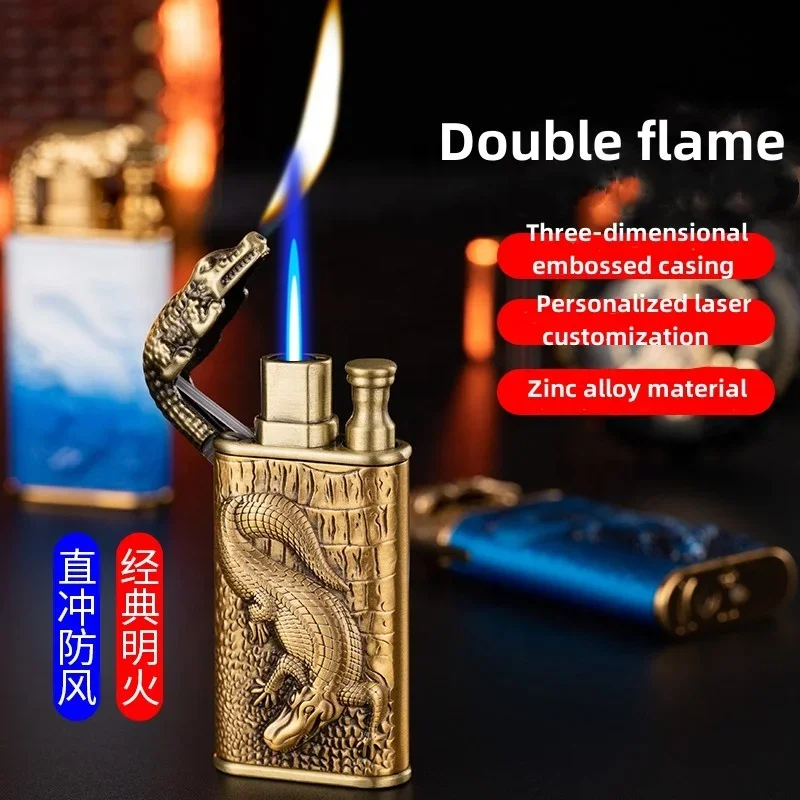 2024 3D Relief Dragon Crocodile Double Fire Lighter Metal Windproof Jet Fire Open Fire Conversion Gas Lighter Smoking Men\'s Gift