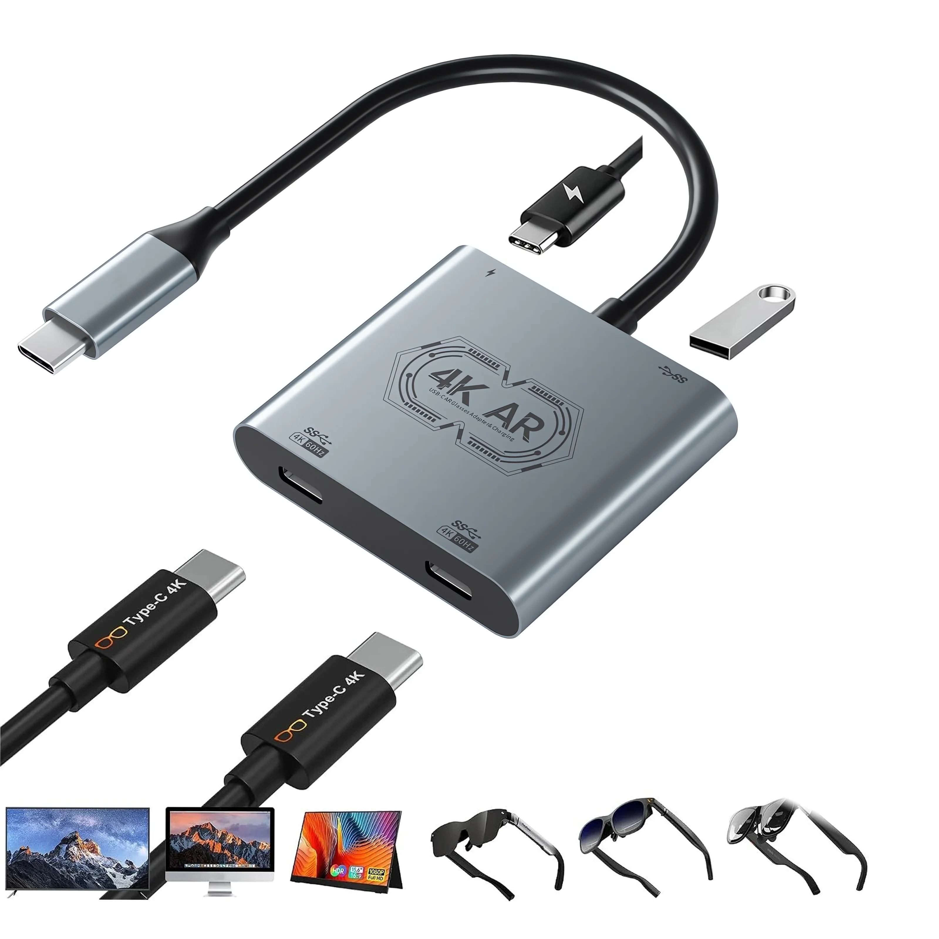 4K@60Hz Dual Type-C AR Glasses Charging Adapter PD100W USB3.0 Video Transfer for Macbook Xreal Rokid Glasses Portable Monitor
