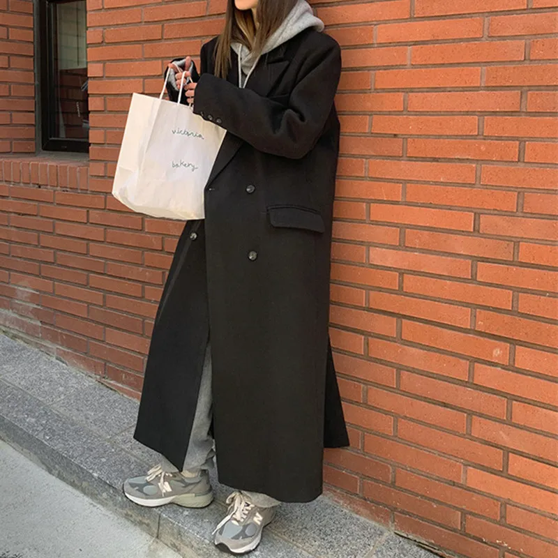 Winter new woolen coat women long to the ankle thickening Double breasted loose over-the-knee woolen coat