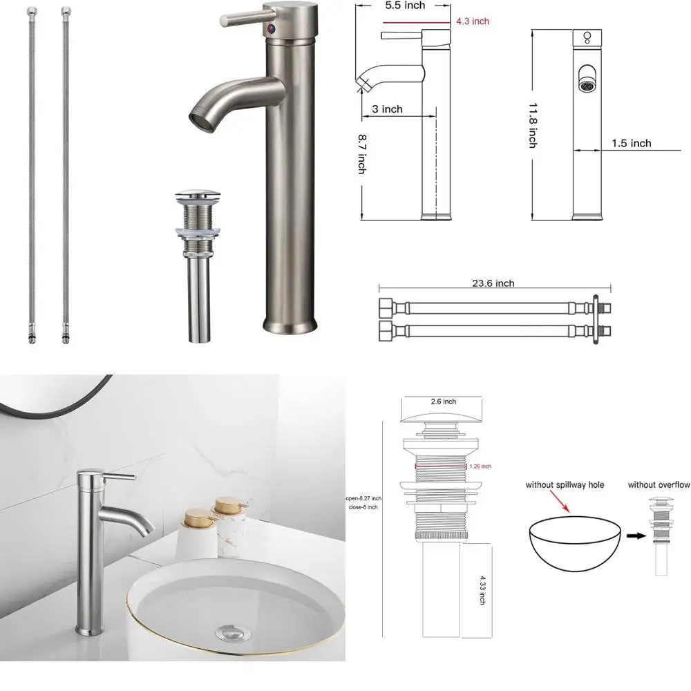 

Tall Vessel Lavatory Faucet with Brushed Nickel Finish, Pop-Up Drain Included, No Overflow, Suitable for Tall Basin Sink Mixer T