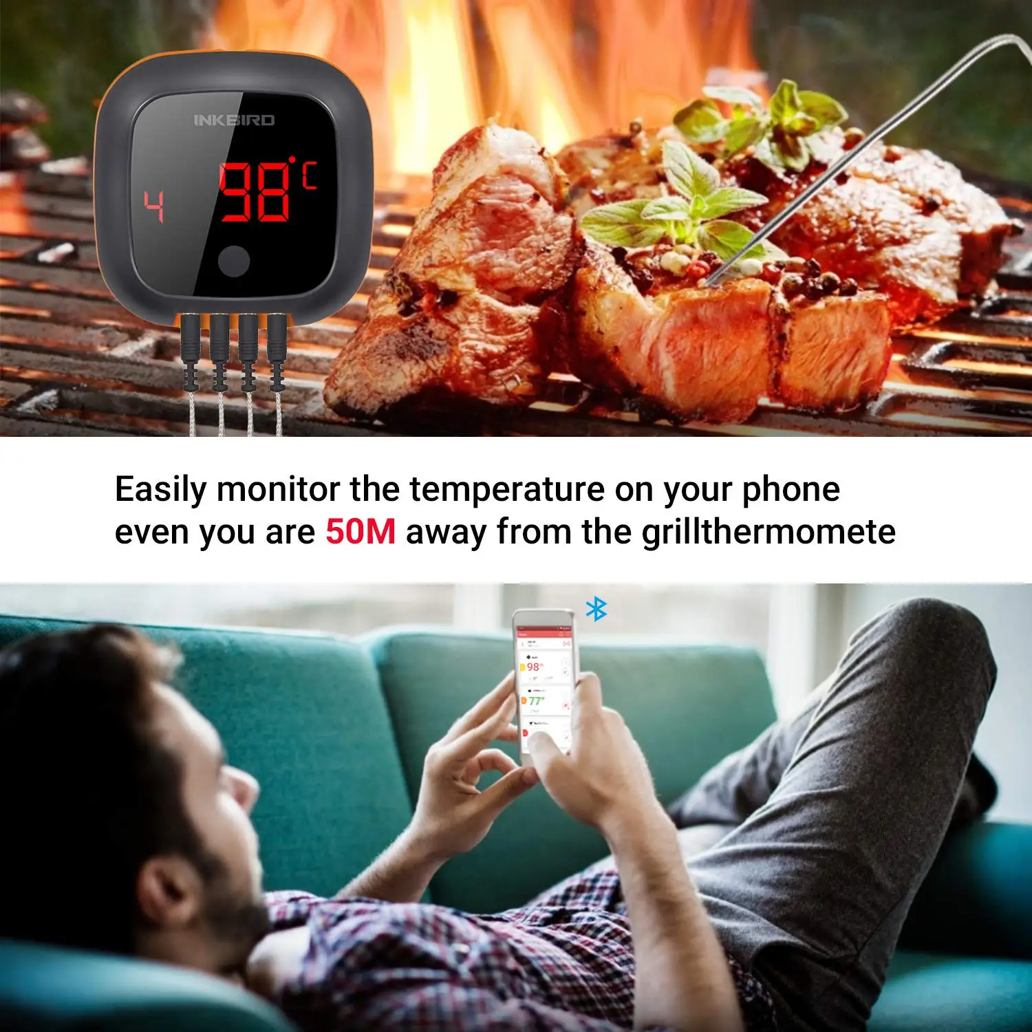 INKBIRD IBT-4XS Digital Wireless BBQ Thermometer 1000mAh Built-In Li-Battery Bluetooth Food Thermometer with Back Magnetic