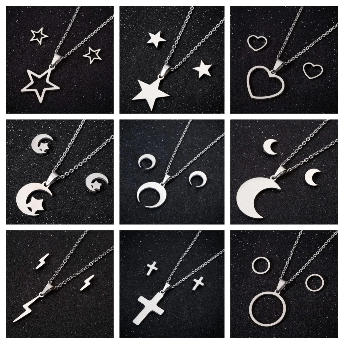 Vintage Fashion Trends 2025 - Vintage-Geometrie-Stern- und Mond-Halsketten- und Ohrring-Set für