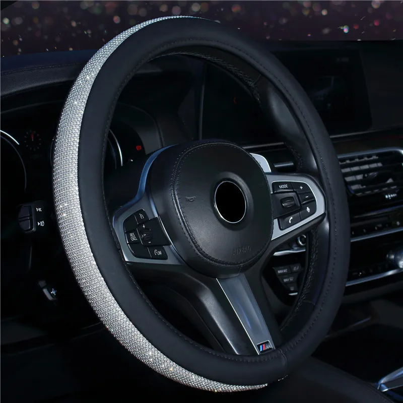 Rhinestone Car Leather Steering Wheel Covers Steering Wheel Crystal Cover Auto Car Interior Accessories For Women Girls