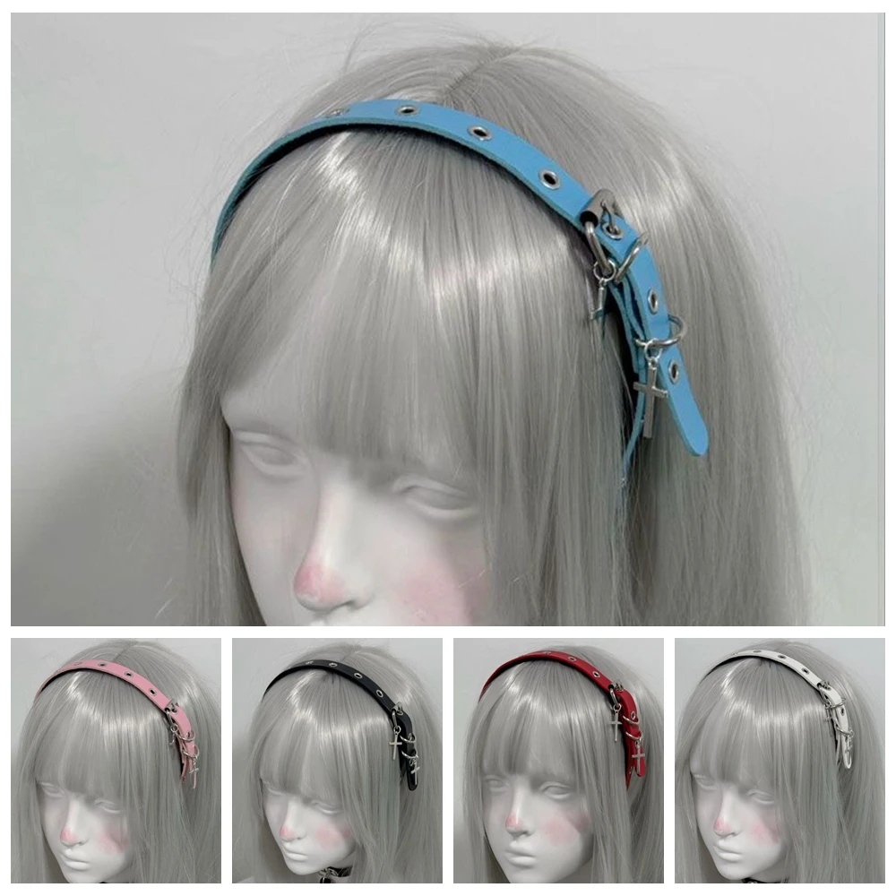

Thin PU Leather Headband Gothic Tiaras Leather Buckle Cross Hairhoop Rock Headwear Punk Headband Steampunk PU Leather Headpiece