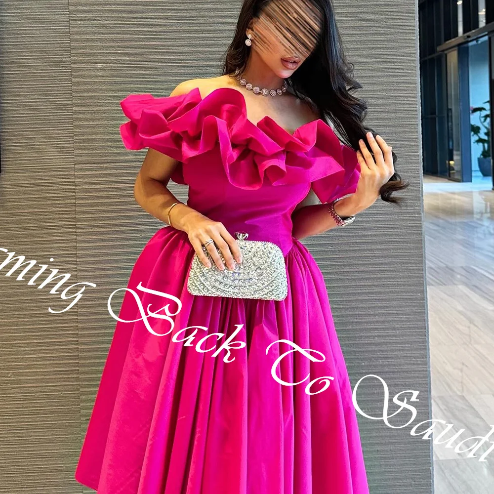 Customized Exquisite Pleat Ruffles Boat Neck Tea Length A-Line Prom Gowns Satin Custom Made Off the Shoulder Girdling Draped فسا