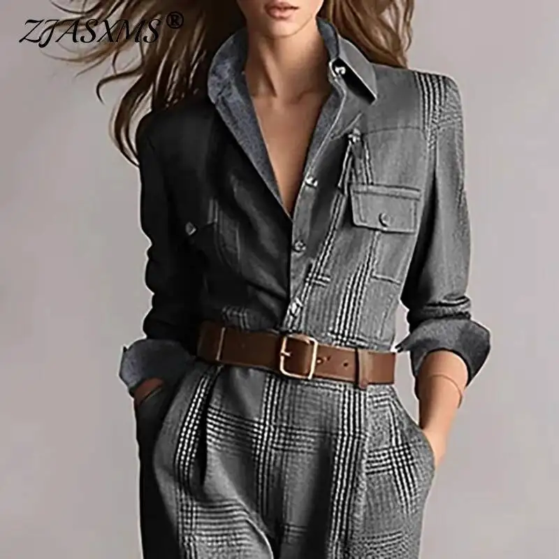 

Vintage Plaid Print High Waist Jumpsuits Woman Elegant Shirt Collar Button Slim Bodysuit Fall Long Sleeve Pocket Romper Overalls