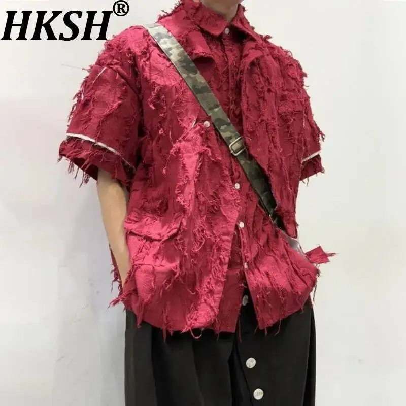 

HKSH Spring Summer New Men Tide Chic Ins Short Sleeve Shirt Waste Land Stylish Distressed Loose Fit Handmade Vintage Y2K HK24501