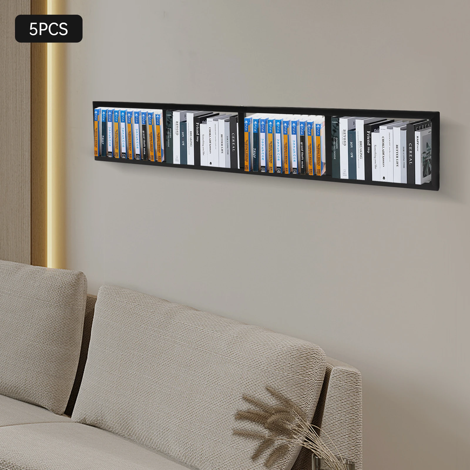 

5 Pieces Black Metal 34.2x6.2x3-inch Wall-mounted CD Rack Large-capacity Multi-layer Storage Metal CD Display Rack
