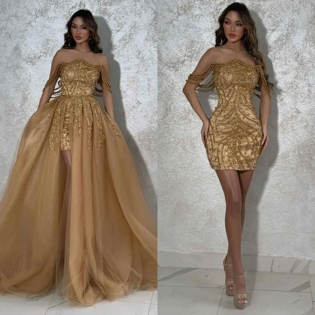 

GlamorousOff Shoulder Beadeds Prom Gowns Detachable Train Evening Dresses Sequins Special Occasion Customized Dresses