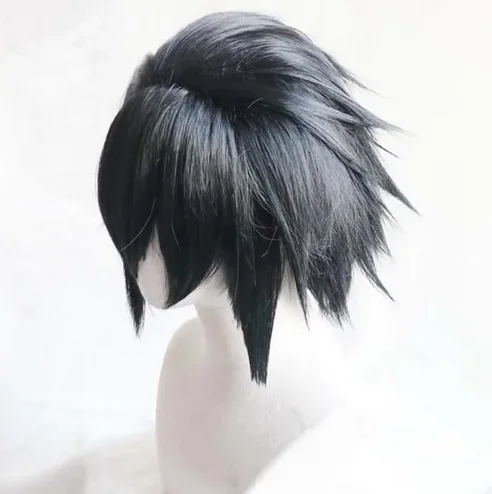 Anime Black Short Fluffy Layered Synthetic Hair Wigs Uchiha Sasuke Cosplay Wig Heat Resistant Fiber Wigs + Wig Cap