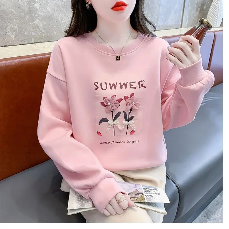 Spring Autumn Women\'s Clothing Pullover Lantern Long Sleeve Hoodies Round Neck Tie Flowers Letter Printing All-match Tops