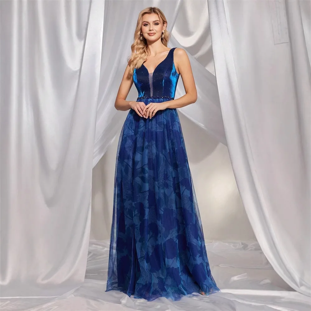 Suknia wieczorowa z głębokim dekoltem w serek, kwiatowym wzorem, zdobiona diamentami, z wysokim rozcięciem, dla druhny, damska, jedwabna, okrągły dekolt.