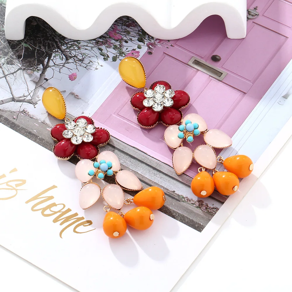 ZAA Vintage Colorful Resin Geometric Flower Drop Earrings for Women Ethnic Style Holiday Party Jewelry Accessories