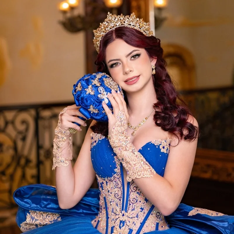 

Royal Blue Quinceanera Dresses Off the Shoulder Golden Glitter Decal Long tail Bow Vestidoe 15 Quinceanera Customize
