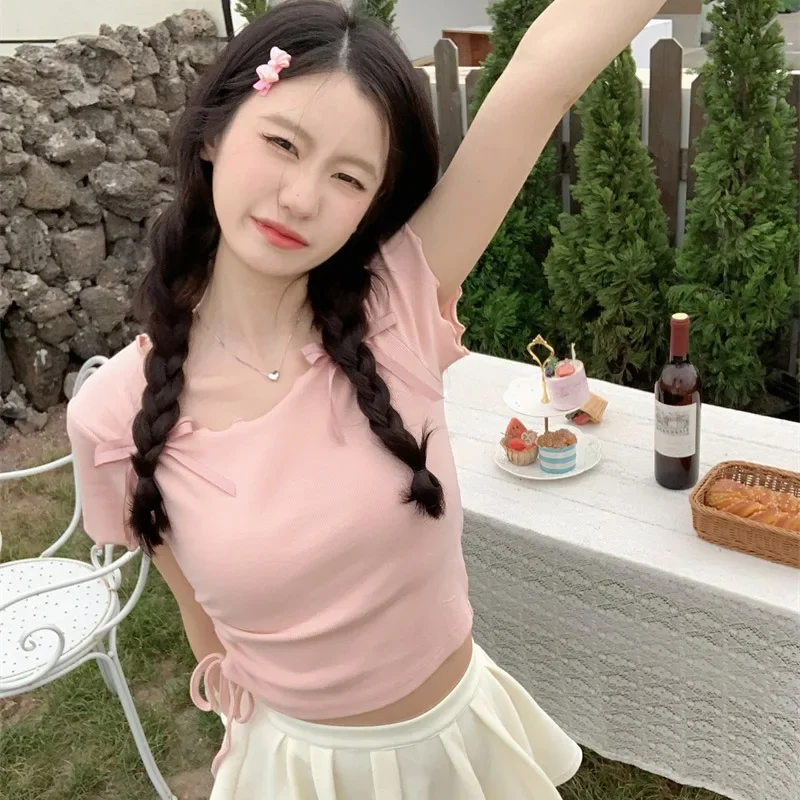 Summer Women Daily Kawaii Tie Up Clothes Lady Sweet Pink Cotton Short Sleeved T-shirt Female Butterfly Knots Square Neck Tops