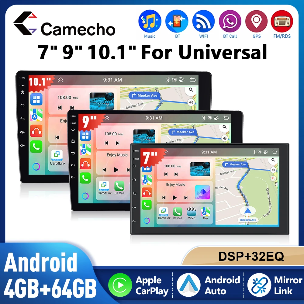 Camecho 4 + 64G راديو السيارة الاندورويد 2 Din Autoradio اللاسلكية Carplay مشغل وسائط متعددة العالمي 7 / 9 /10 بوصة ستيريو تلقائي GPS واي فاي #1