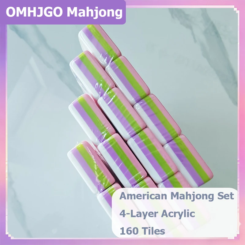 

OMHJGO Custom Luxury Engraved American Mahjong Game Set 4-Layer Acrylic Pink Mahjong 160 Tiles Board Games Travel Mah Jongg Sets