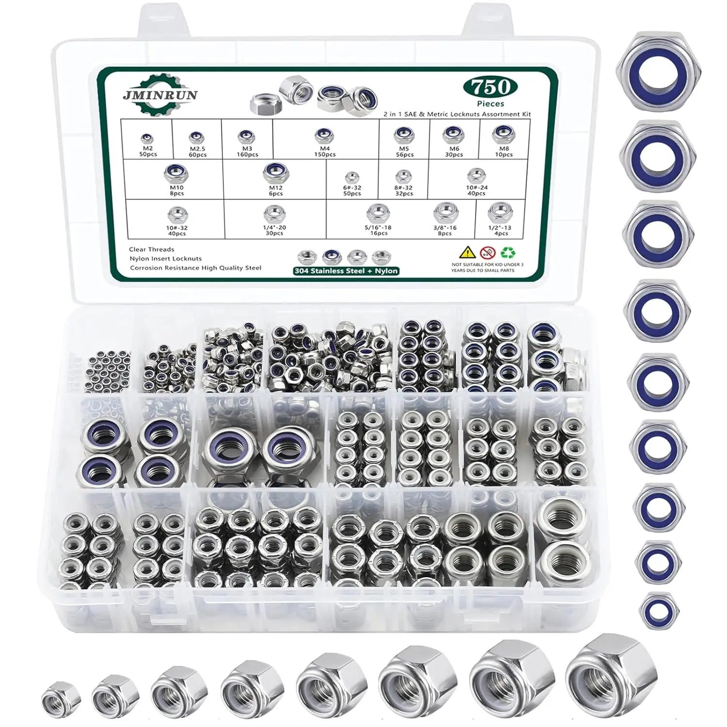 

750PCS SAE & Metric Nylon Lock Nut Kit, 304 Stainless Steel Thread Nuts for Bolts, Sizes 6#32 to M12