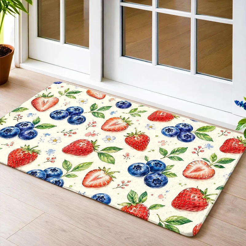 Cottagecore Strawberry Blueberry Pattern Polyester Area Rug Mat Kitchen Bathroom Runner Durable Waterproof Floral Print Floor De